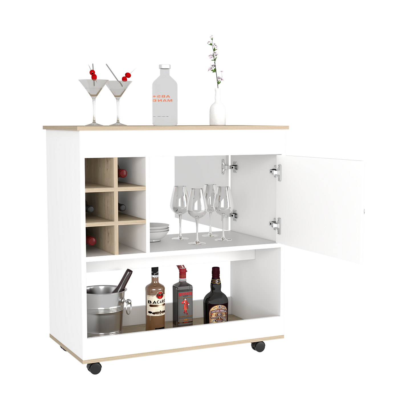 Bar Cart, Lower Panel, Six Bottle Cubbies, One Cabinet, Light.