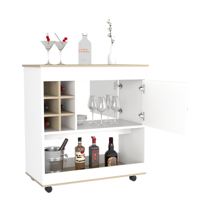 Bar Cart, Lower Panel, Six Bottle Cubbies, One Cabinet, Light.