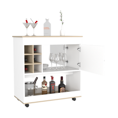 Bar Cart Aloha, Lower Panel, Six Bottle Cubbies, One Cabinet, Light