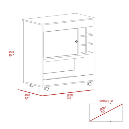 Bar Cart, Lower Panel, Six Bottle Cubbies, One Cabinet, Light.