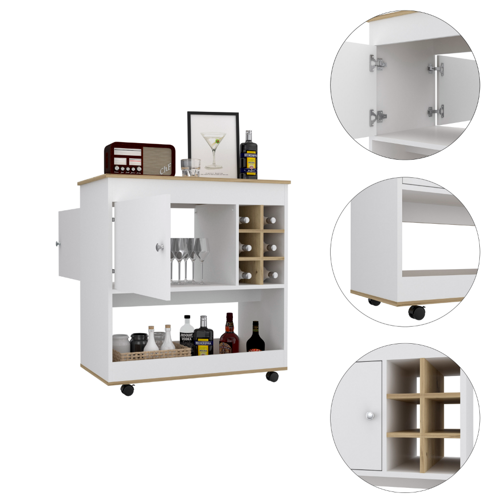 Bar Cart, Lower Panel, Six Bottle Cubbies, One Cabinet, Light.