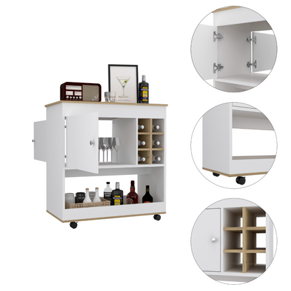 Bar Cart, Lower Panel, Six Bottle Cubbies, One Cabinet, Light.