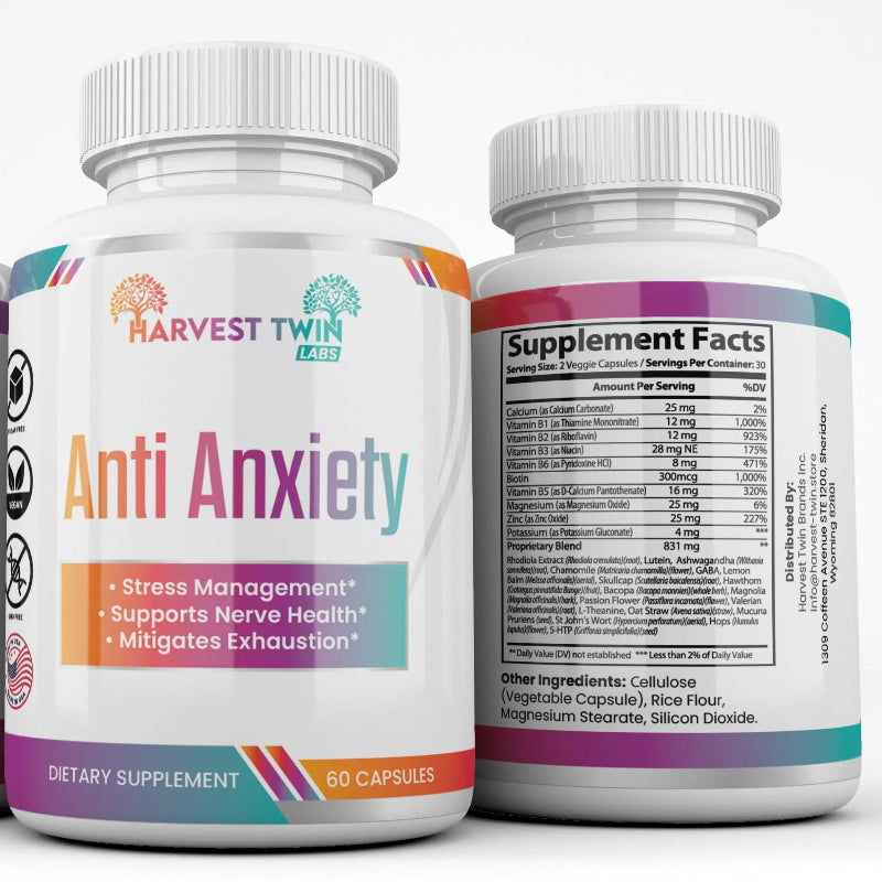 Harvest Twin Labs Anti Anxiety Dietary Supplement – Stress Management & Nerve Support – 60 Capsules