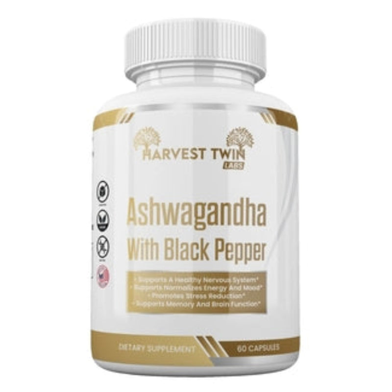 Harvest Twin Labs Ashwagandha Supplement for Stress Relief with Black Pepper 1300mg - 60 Capsules