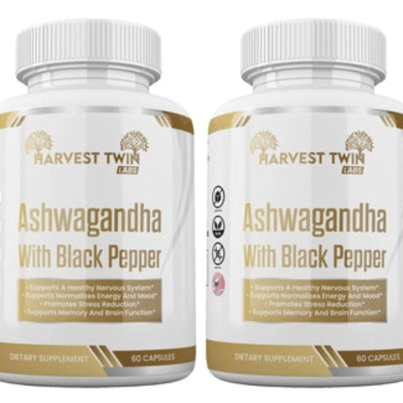 Harvest Twin Labs Ashwagandha Supplement for Stress Relief with Black Pepper 1300mg - 60 Capsules