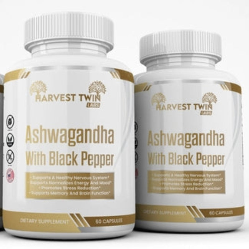 Harvest Twin Labs Ashwagandha Supplement for Stress Relief with Black Pepper 1300mg - 60 Capsules