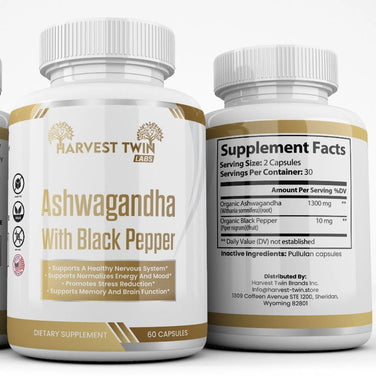 Harvest Twin Labs Ashwagandha Supplement for Stress Relief with Black Pepper 1300mg - 60 Capsules