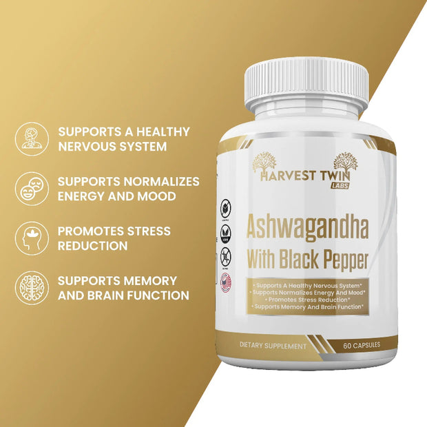 Harvest Twin Labs Ashwagandha Supplement for Stress Relief with Black Pepper 1300mg - 60 Capsules