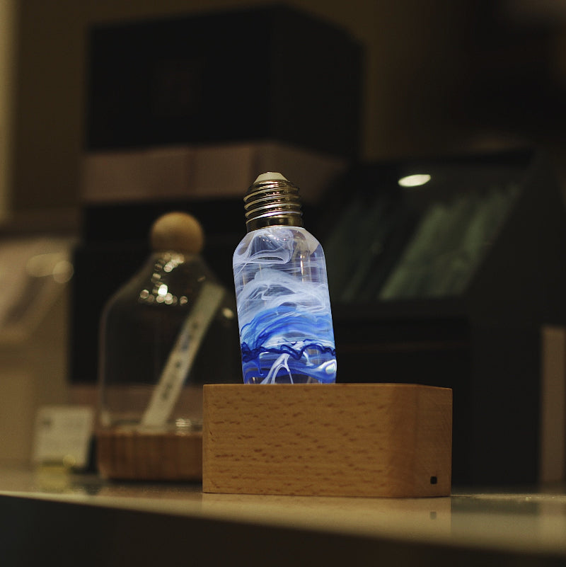 LED Light Bulb Lamp with Wooden Base - Colorful Swirl Gradient Design