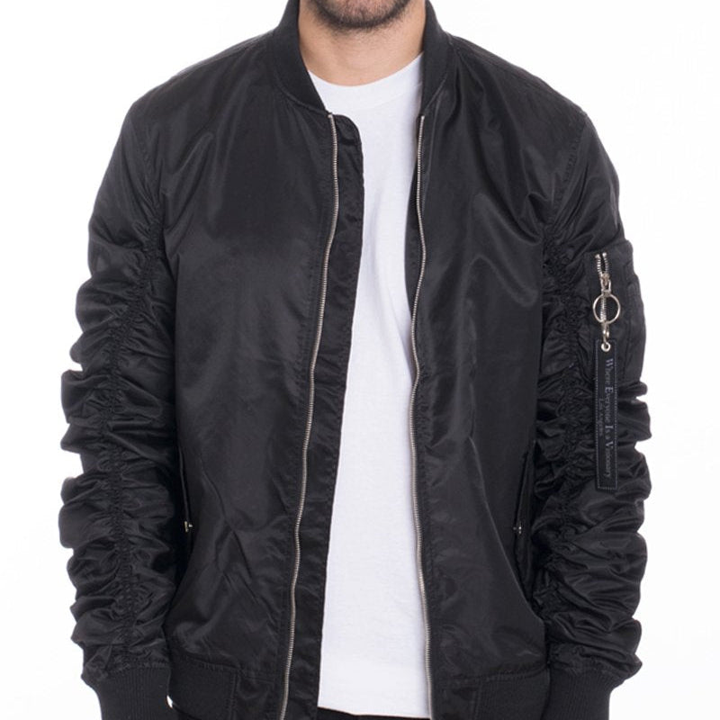 Men’s Bomber Jacket – Black Zip-Up Jacket with Sleeve Pocket