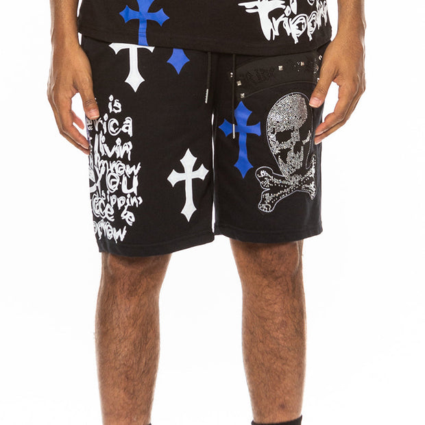 Men's Skull Print Shorts with Crosses by Ride or Die