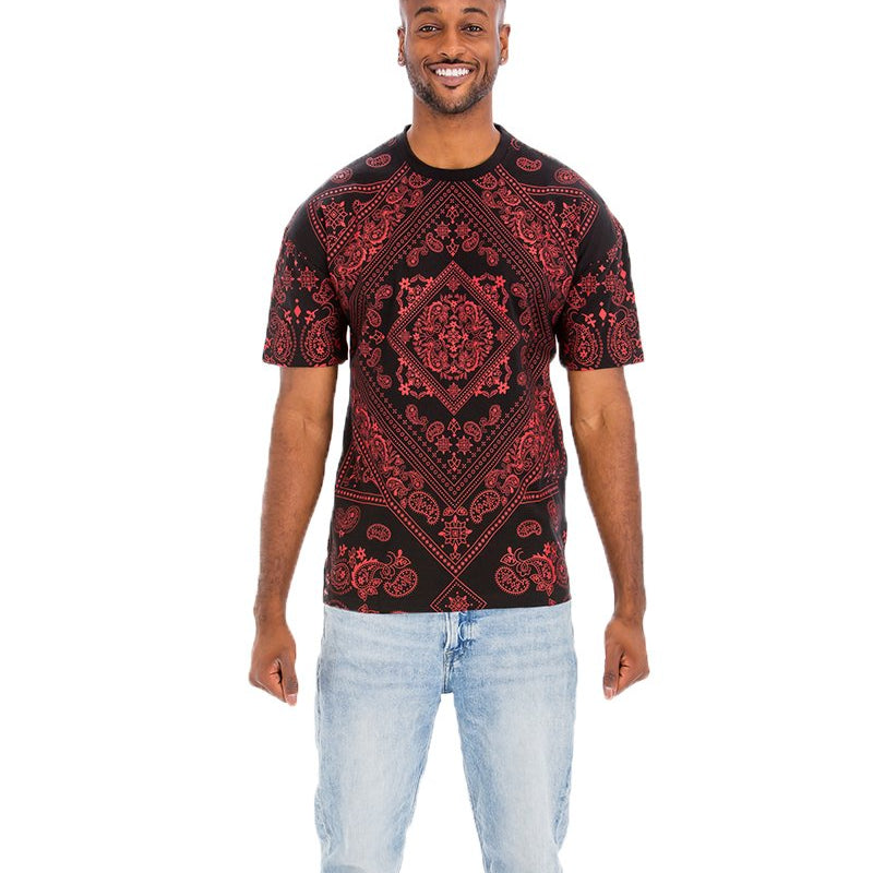 Men's Black and Red Bandana Print T-Shirt