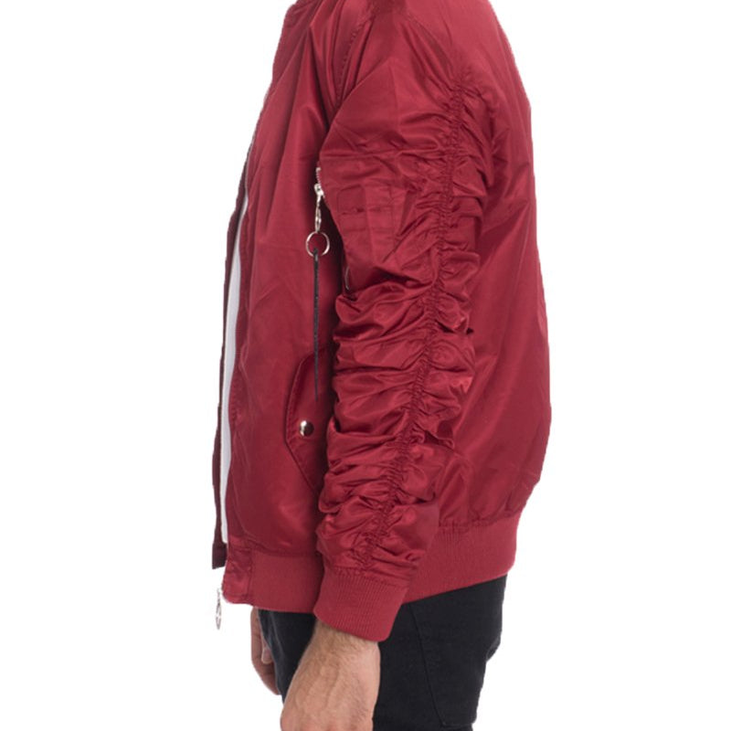 Men’s Red Bomber Jacket with Ruched Sleeves and Zipper Detail