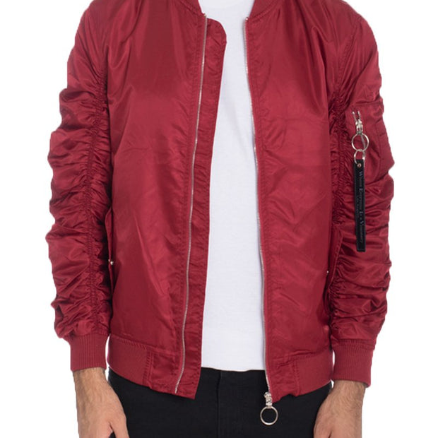 Men’s Red Bomber Jacket with Ruched Sleeves and Zipper Detail