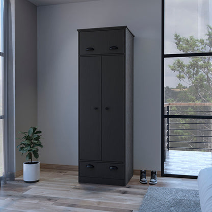 Armoire with Two-Doors, Top Hinged Drawer and 1-Drawer, Black.