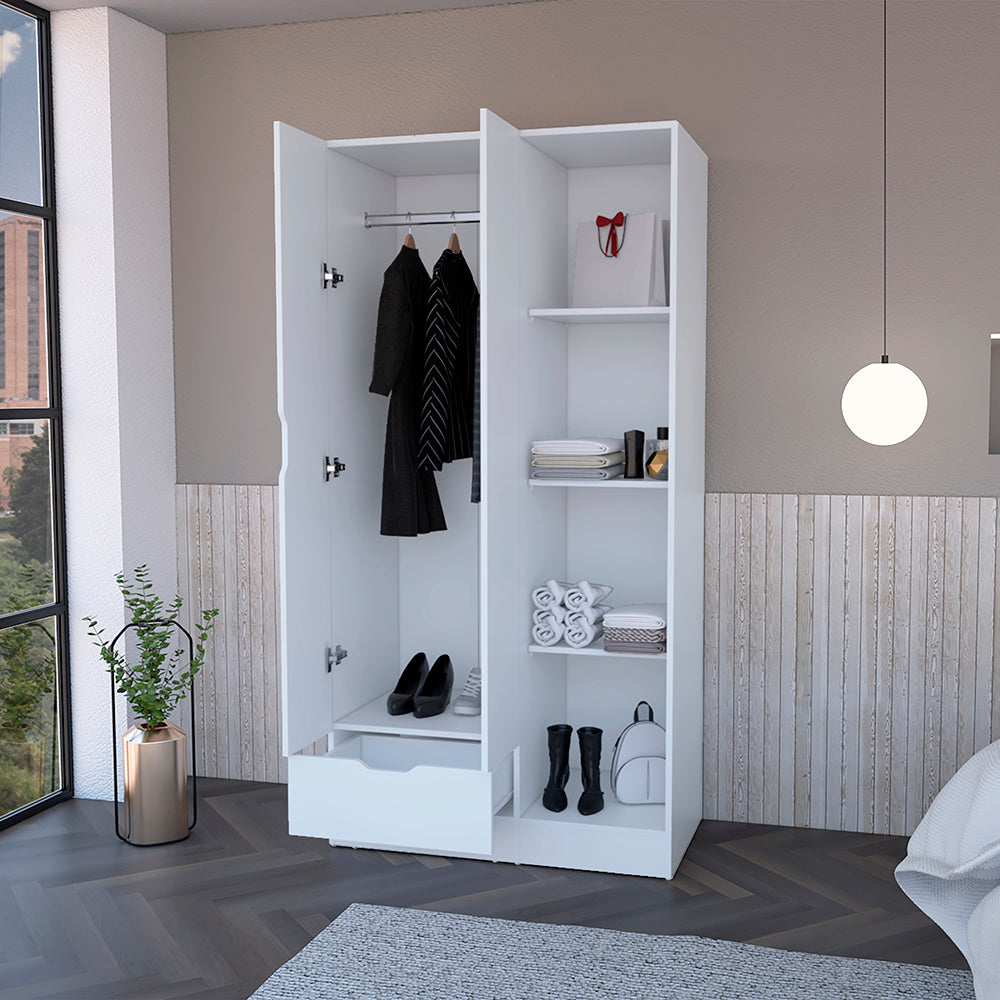 Armoire with Four Storage Shelves, Drawer and Double Door, White