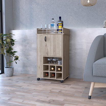 Bar Cart with Wheels, Six Wine Cubbies and Single Door, Light.