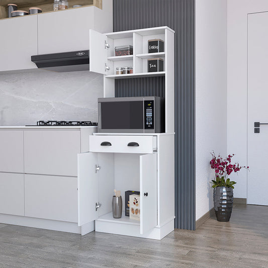 White Microwave Storage Stand with 3-Doors and Drawer