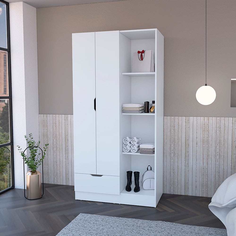 Armoire with Four Storage Shelves, Drawer and Double Door, White