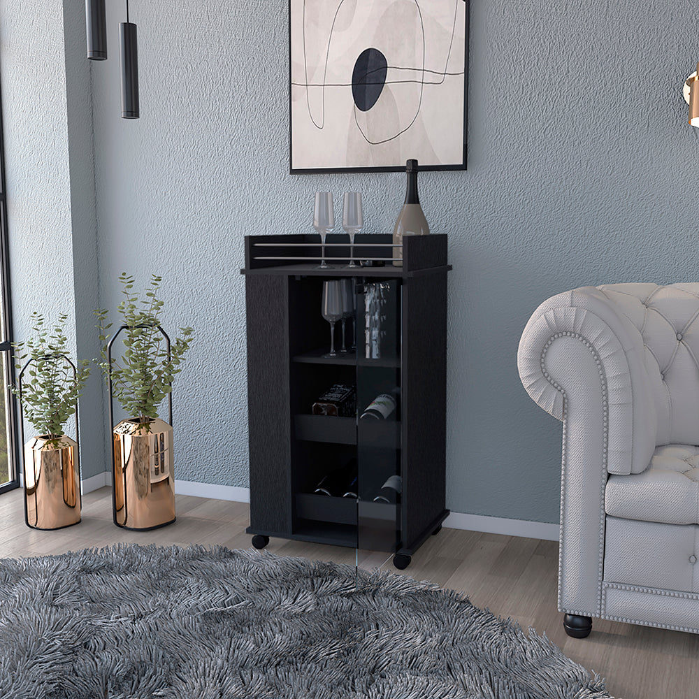 Bar Cart with Two-Side Shelves, Glass Door and Upper Surface.