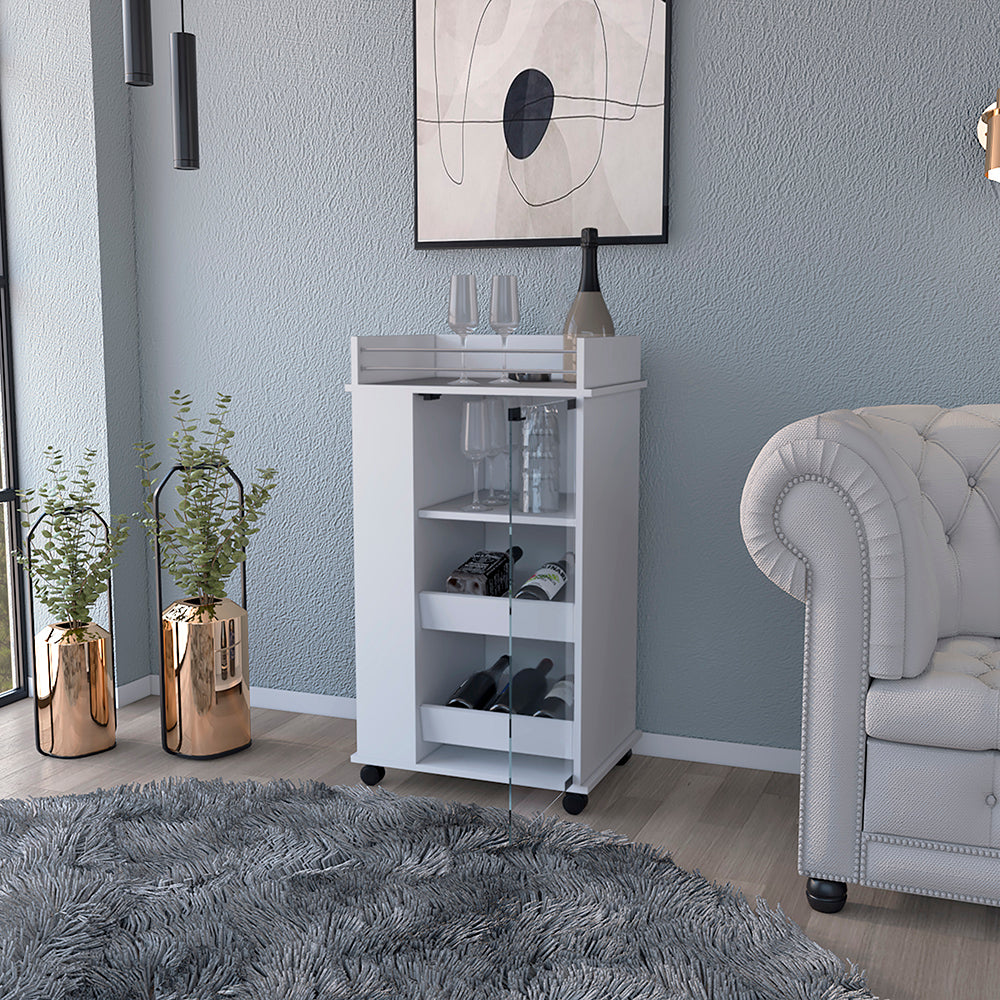 Bar Cart with Two-Side Shelves, Glass Door and Upper Surface.