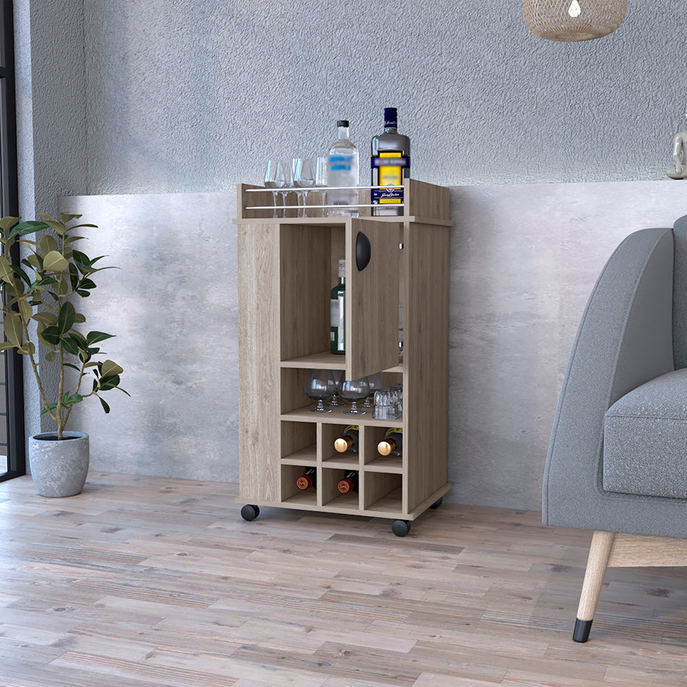 Bar Cart with Wheels, Six Wine Cubbies and Single Door, Light.