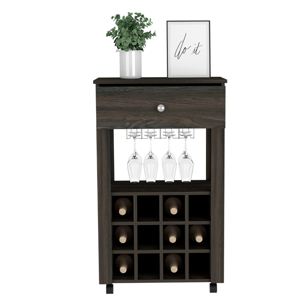 Bar Cart, Twelve Wine Cubbies, Four Legs, Carbon Espresso.