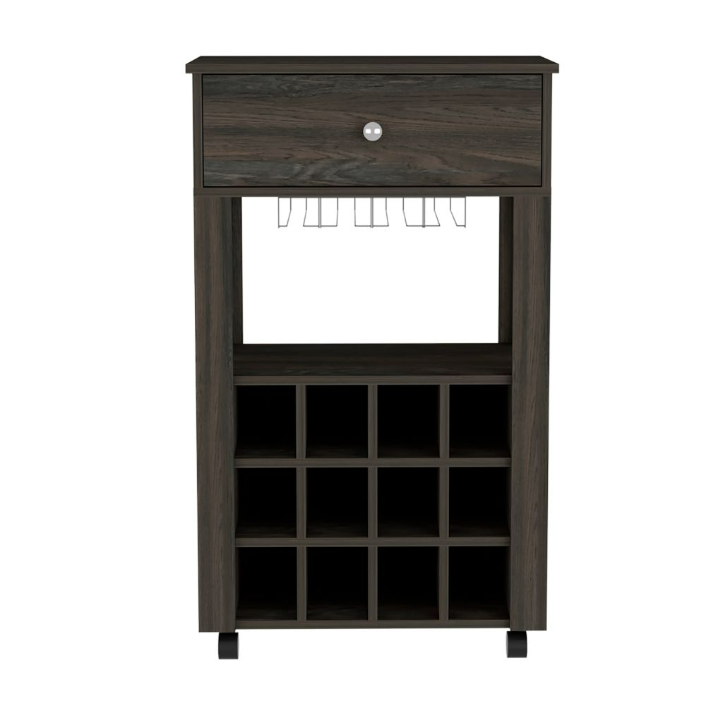 Bar Cart, Twelve Wine Cubbies, Four Legs, Carbon Espresso.