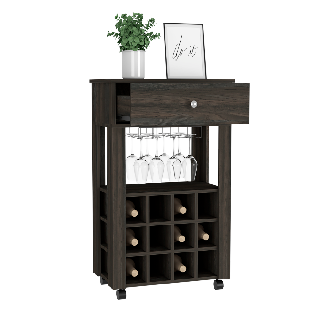 Bar Cart, Twelve Wine Cubbies, Four Legs, Carbon Espresso.