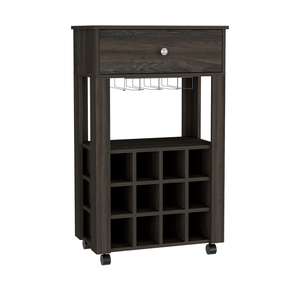 Bar Cart, Twelve Wine Cubbies, Four Legs, Carbon Espresso.