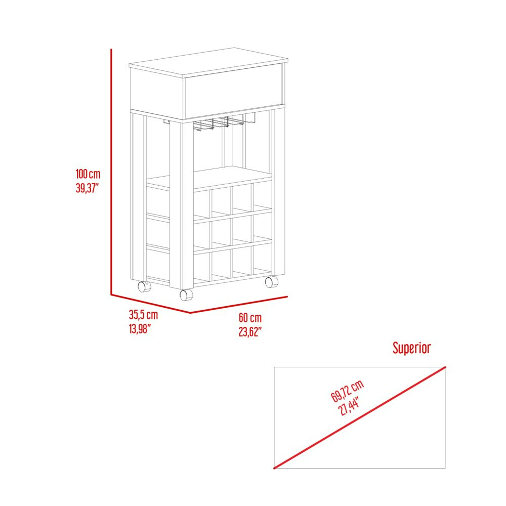 Bar Cart, Twelve Wine Cubbies, Four Legs, Carbon Espresso.