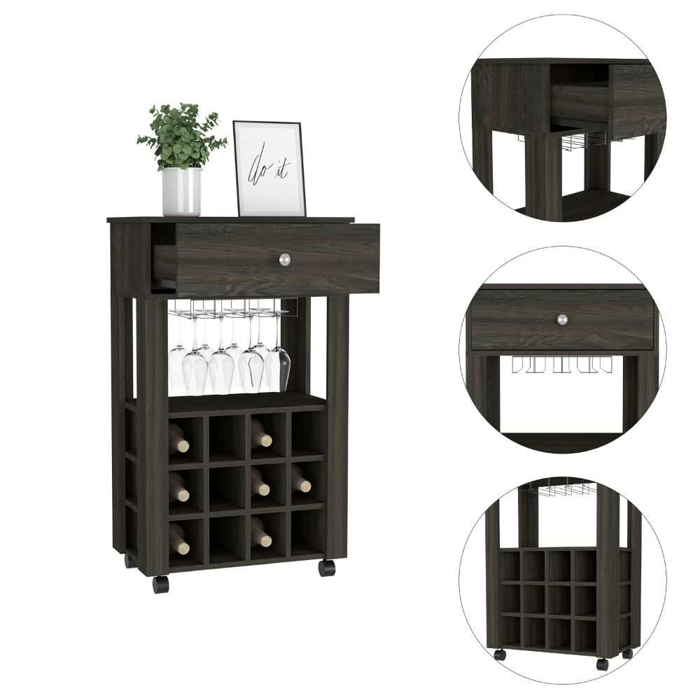 Bar Cart, Twelve Wine Cubbies, Four Legs, Carbon Espresso.