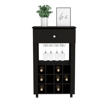 Bar Cart ,Twelve Wine Cubbies, Four Legs, Black Wengue Finish.