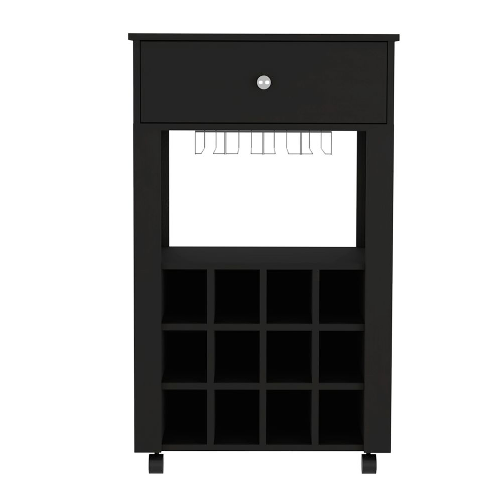 Bar Cart ,Twelve Wine Cubbies, Four Legs, Black Wengue Finish.