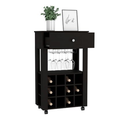 Bar Cart ,Twelve Wine Cubbies, Four Legs, Black Wengue Finish.