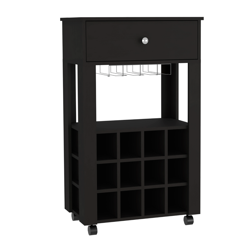 Bar Cart ,Twelve Wine Cubbies, Four Legs, Black Wengue Finish.