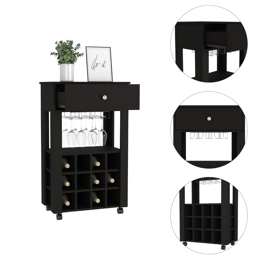 Bar Cart ,Twelve Wine Cubbies, Four Legs, Black Wengue Finish.