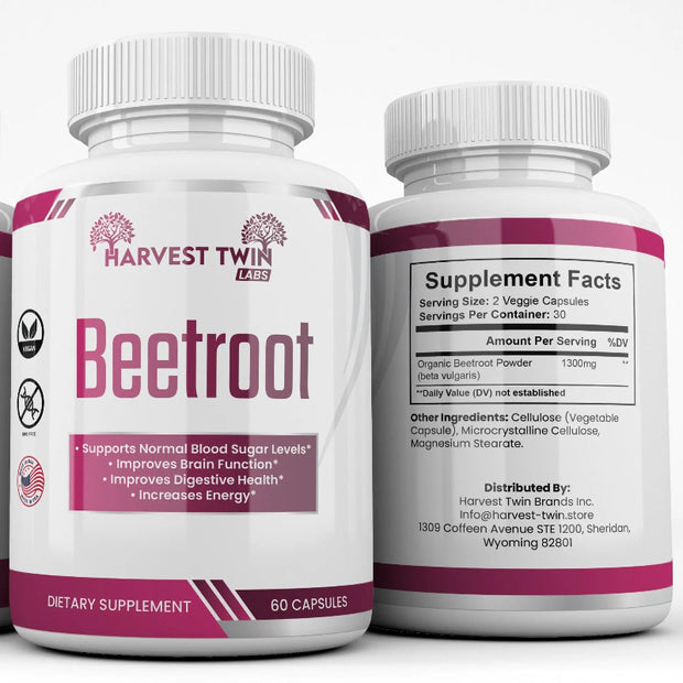 Harvest Twin Labs Beetroot Dietary Supplement – 1300mg Organic Beetroot Powder, 60 Capsules
