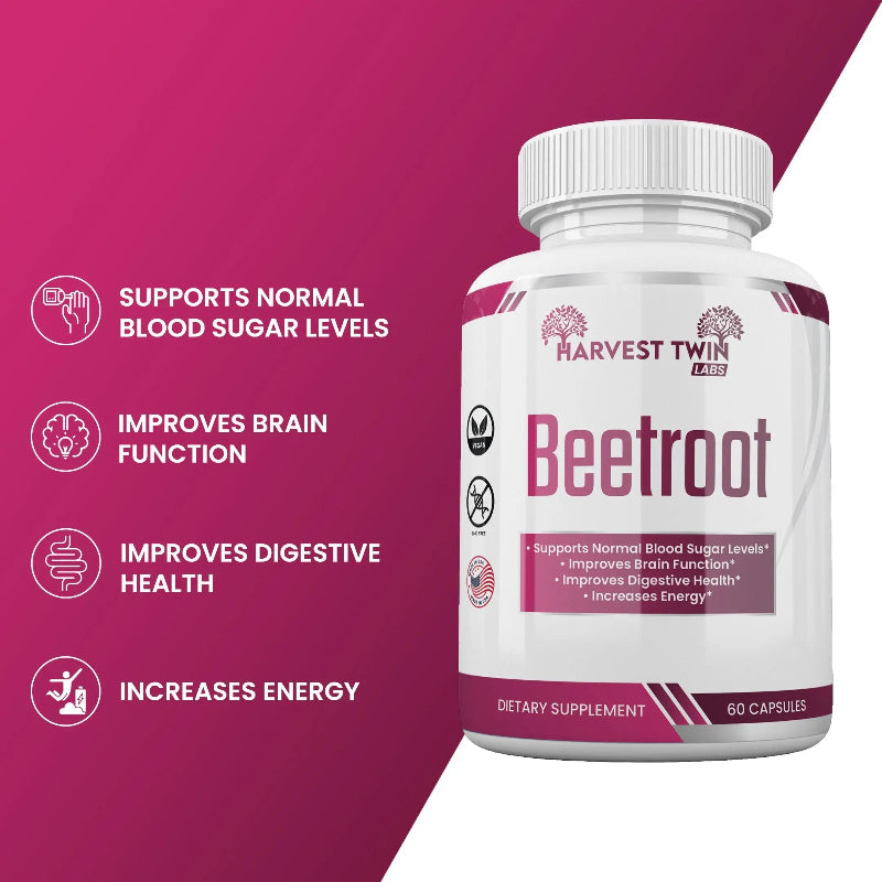 Harvest Twin Labs Beetroot Dietary Supplement – 1300mg Organic Beetroot Powder, 60 Capsules
