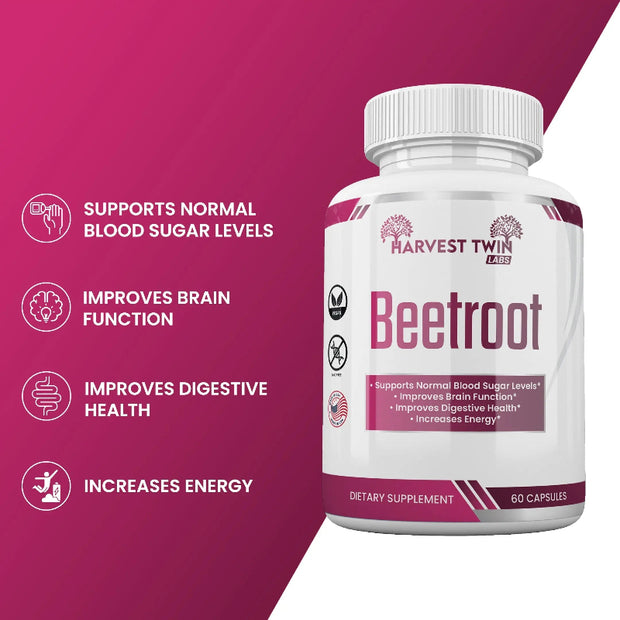 Harvest Twin Labs Beetroot Dietary Supplement – 1300mg Organic Beetroot Powder, 60 Capsules