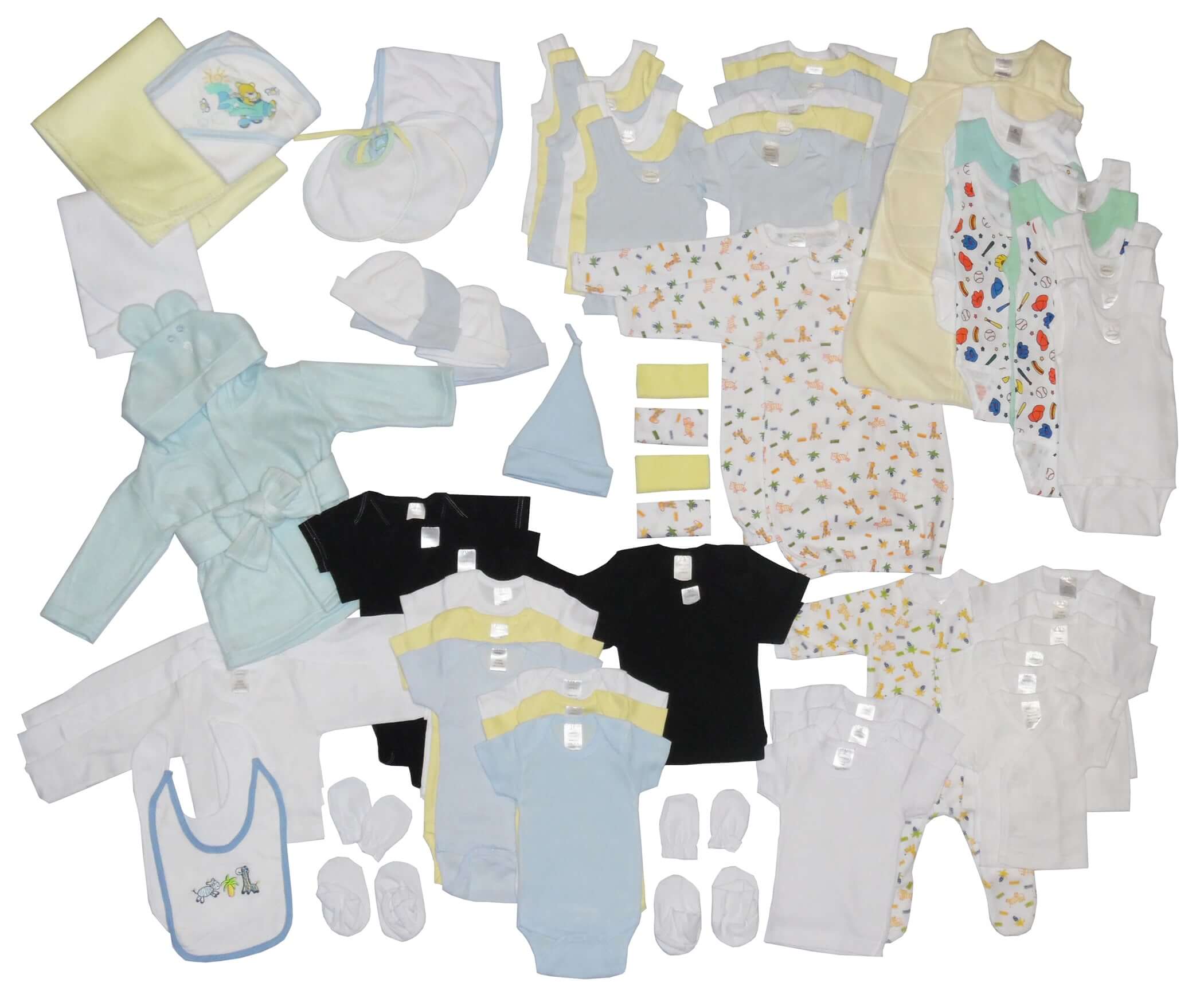Starter Pack Box featuring a 72 piece baby clothing collection, including outfits and accessories for newborns.