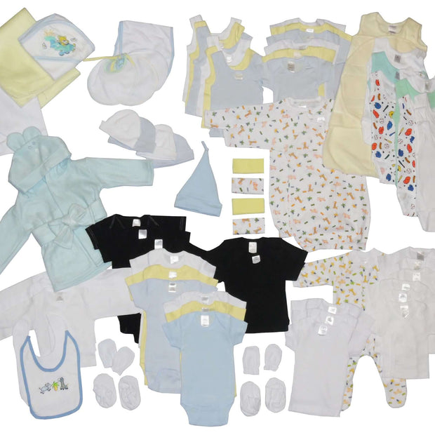 Starter Pack Box featuring a 72 piece baby clothing collection, including outfits and accessories for newborns.