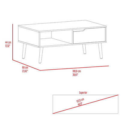 Coffee Table, One Drawer, One Open Shelf, Four Legs, Dark Walnut.