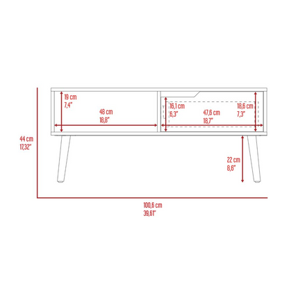 Coffee Table, One Drawer, One Open Shelf, Four Legs, Dark Walnut.