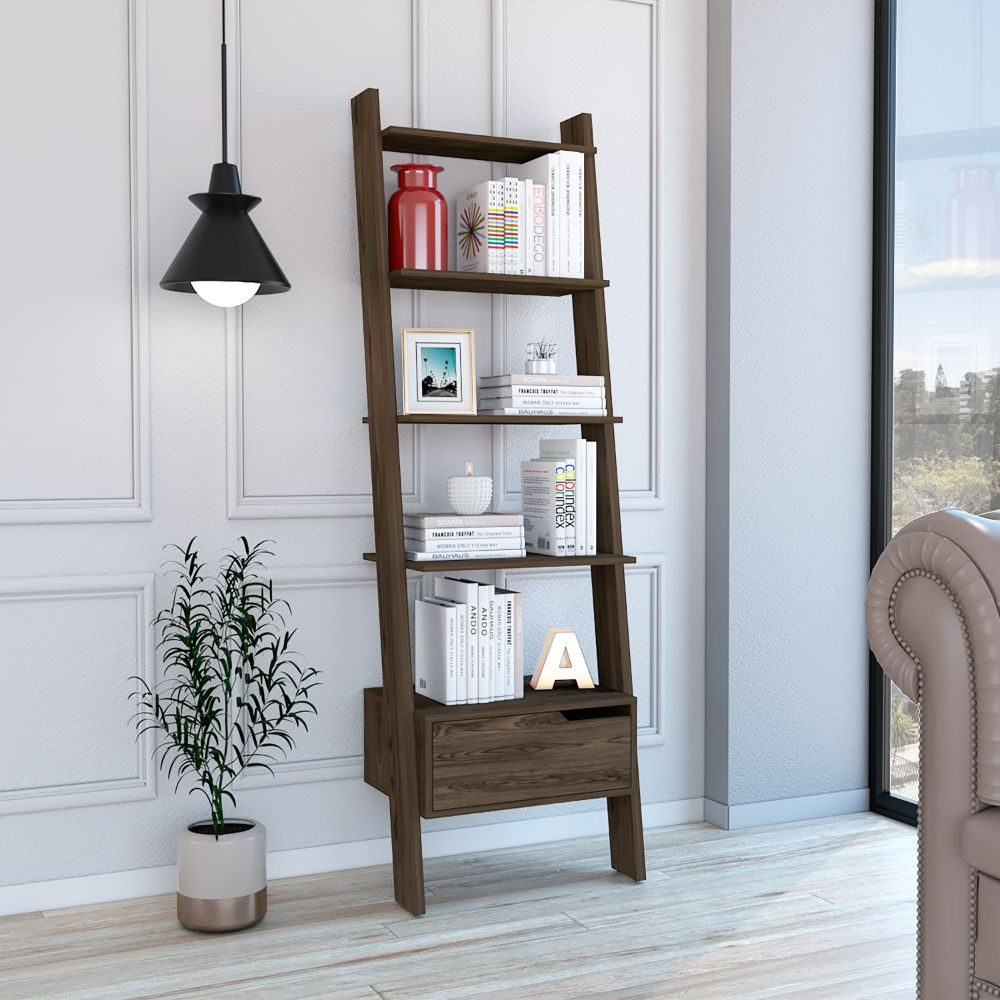 Ladder Bookcase One Drawer, Five Open Shelves, Dark Walnut.