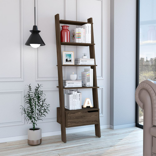 Ladder Bookcase One Drawer, Five Open Shelves, Dark Walnut.