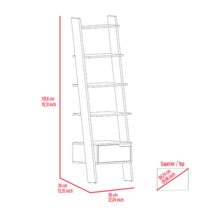 Ladder Bookcase One Drawer, Five Open Shelves, Dark Walnut.