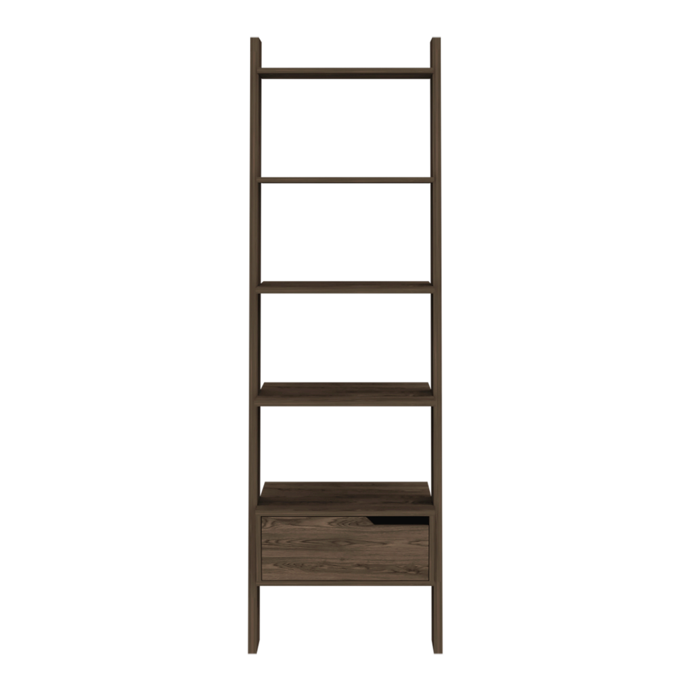 Ladder Bookcase One Drawer, Five Open Shelves, Dark Walnut.