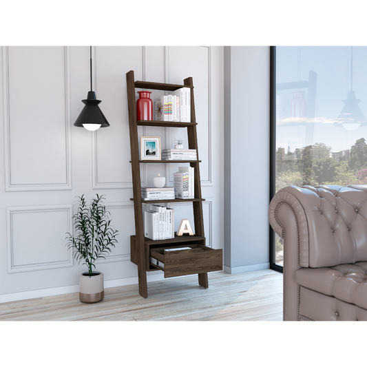 Ladder Bookcase One Drawer, Five Open Shelves, Dark Walnut.