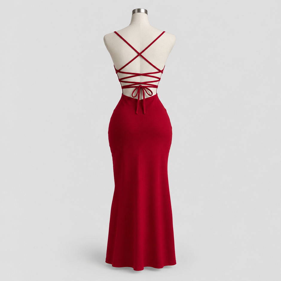 Red Black Lace-Up Elegant Dress